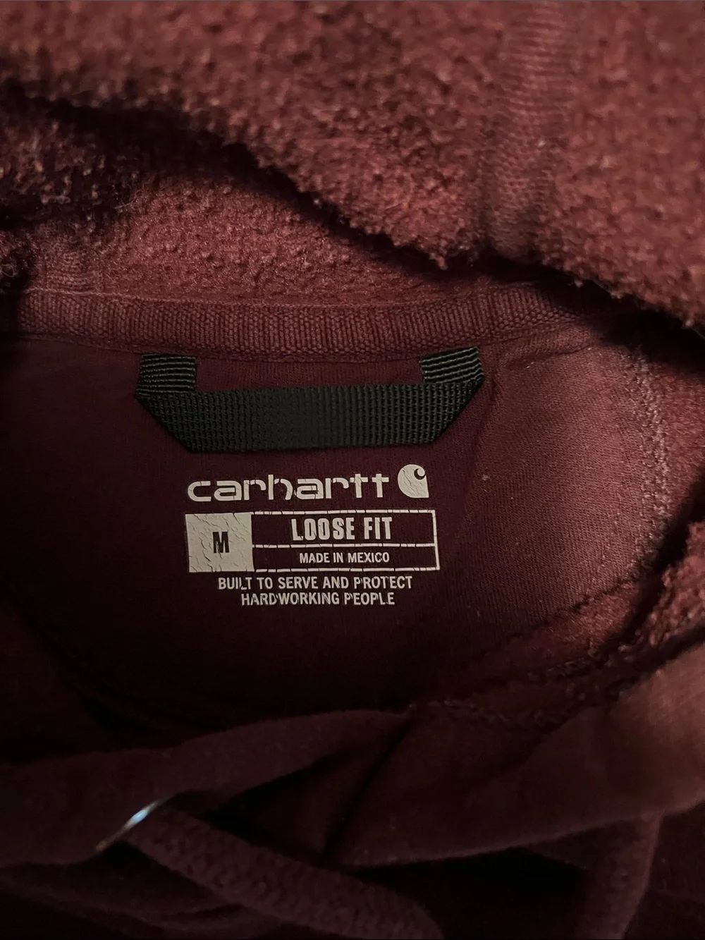 Carhartt Men’s Maroon Crewneck Hoodie with Olive Logo Sleeve